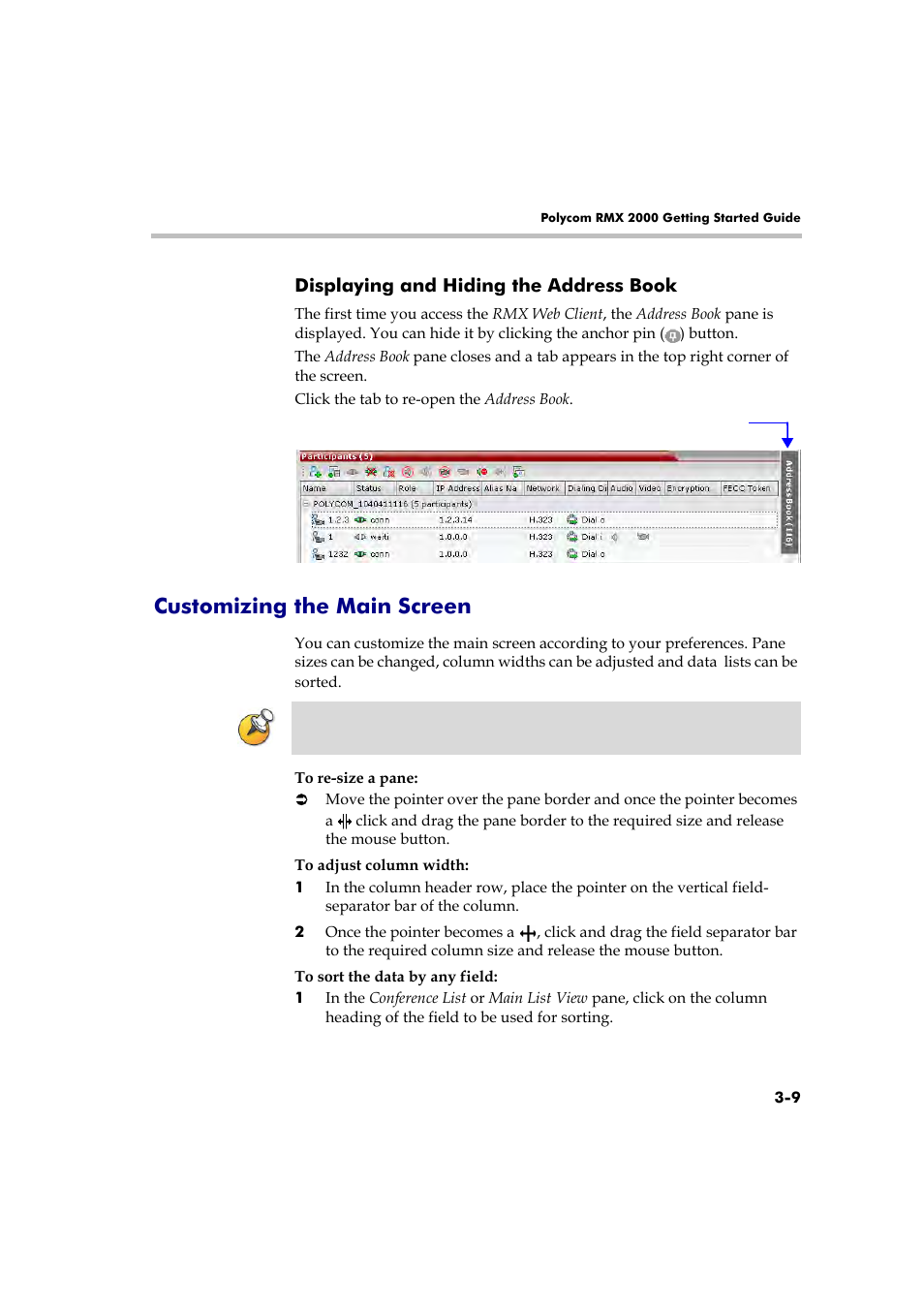 Displaying and hiding the address book, Customizing the main screen, Displaying and hiding the address book -9 | Customizing the main screen -9 | Polycom RMX 2000 User Manual | Page 43 / 84