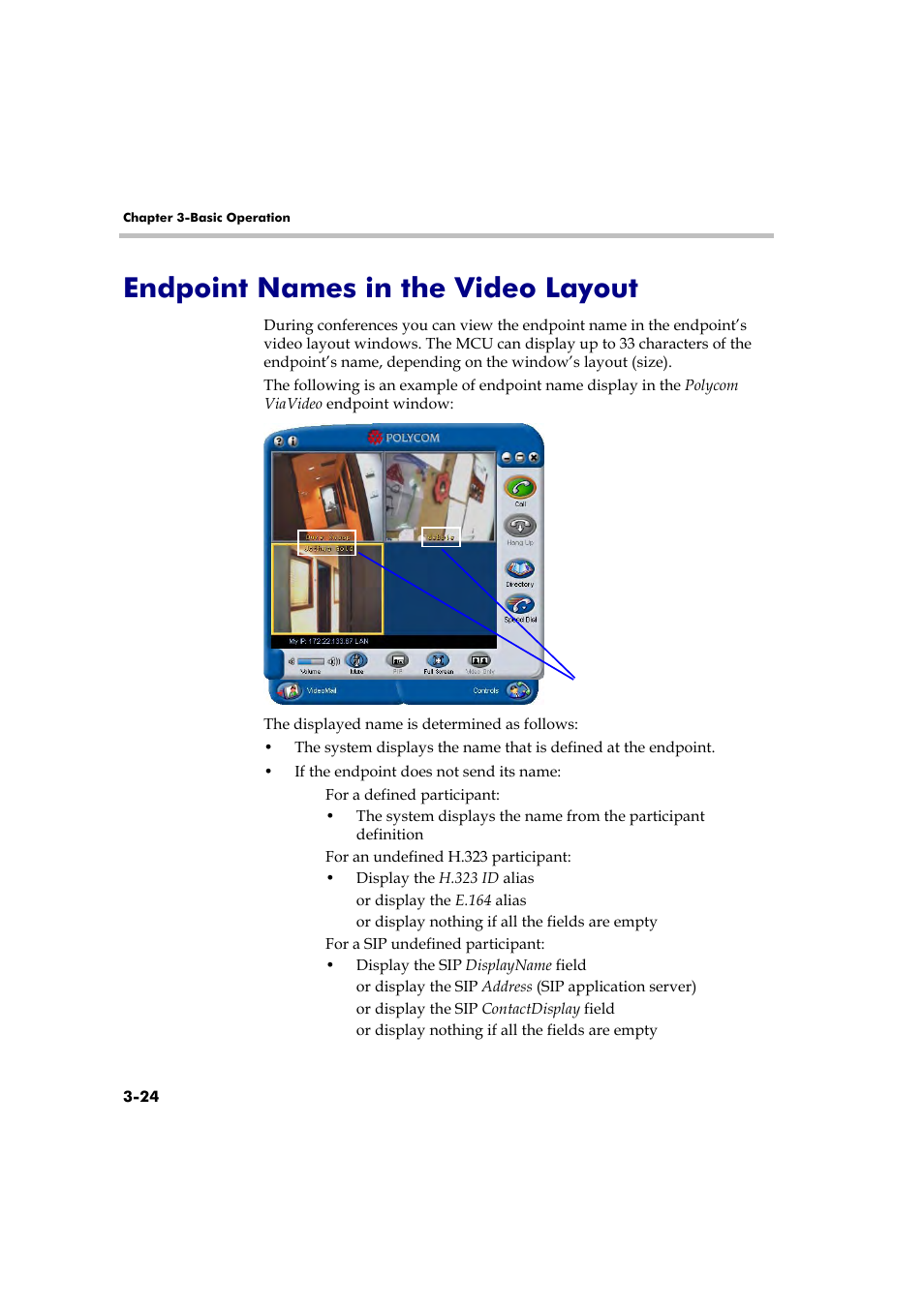 Endpoint names in the video layout, Endpoint names in the video layout -24 | Polycom RMX 2000 User Manual | Page 58 / 84