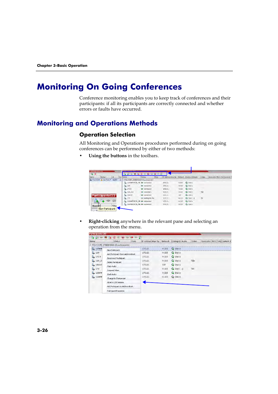 Monitoring on going conferences, Monitoring and operations methods, Operation selection | Monitoring on going conferences -26, Monitoring and operations methods -26, Operation selection -26 | Polycom RMX 2000 User Manual | Page 60 / 84