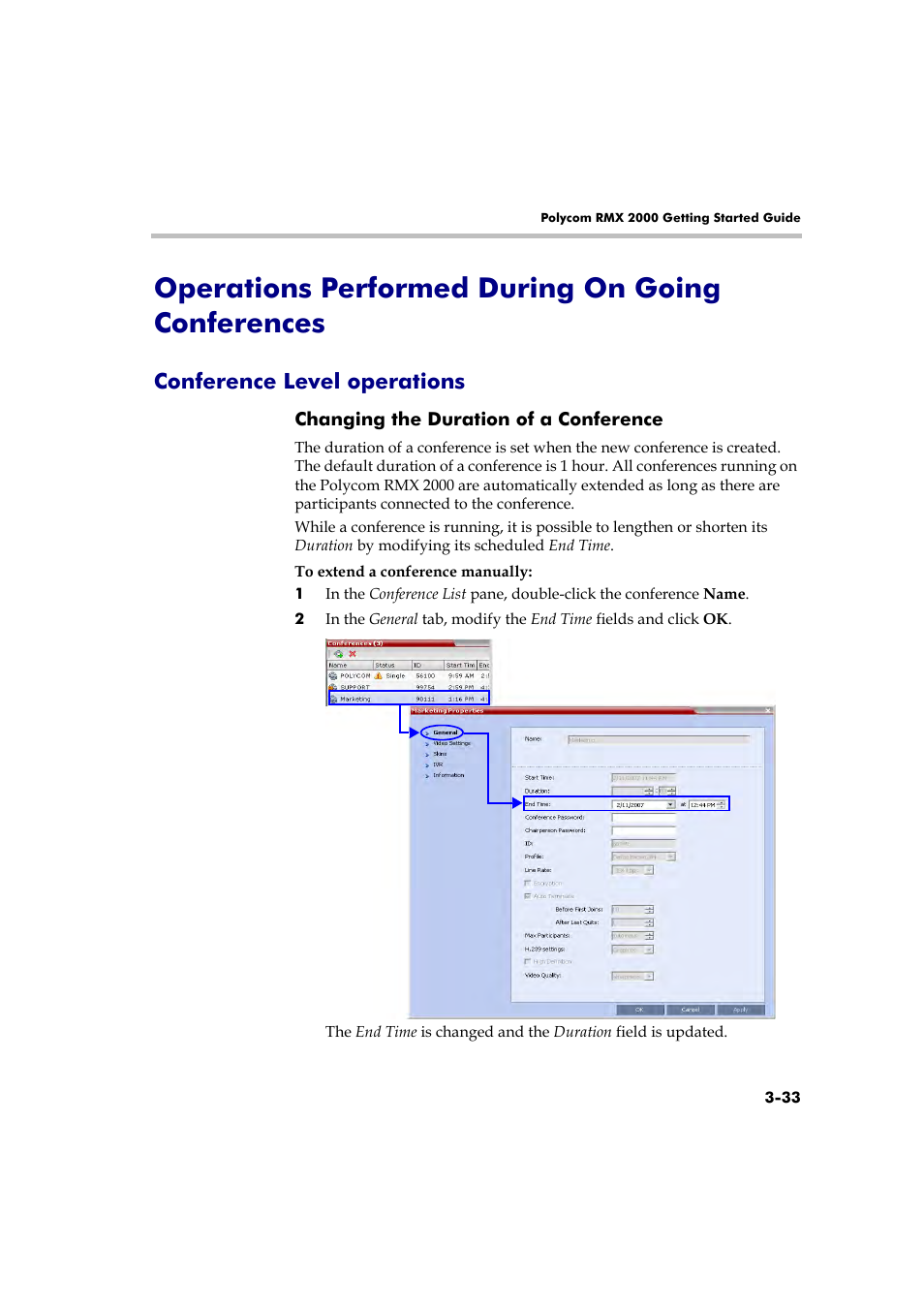 Operations performed during on going conferences, Conference level operations, Changing the duration of a conference | Conference level operations -33, Changing the duration of a conference -33 | Polycom RMX 2000 User Manual | Page 67 / 84