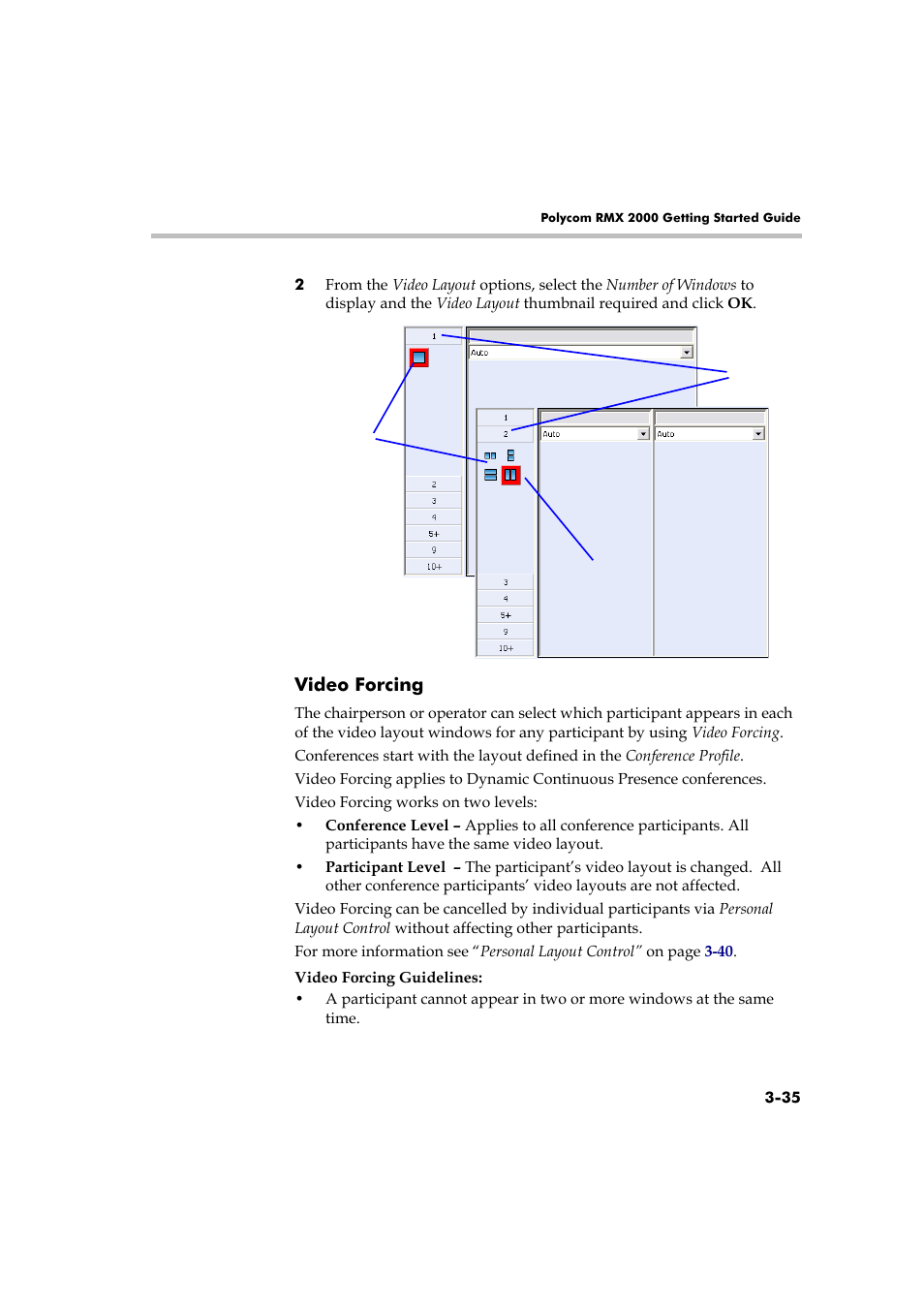 Video forcing, Video forcing -35 | Polycom RMX 2000 User Manual | Page 69 / 84