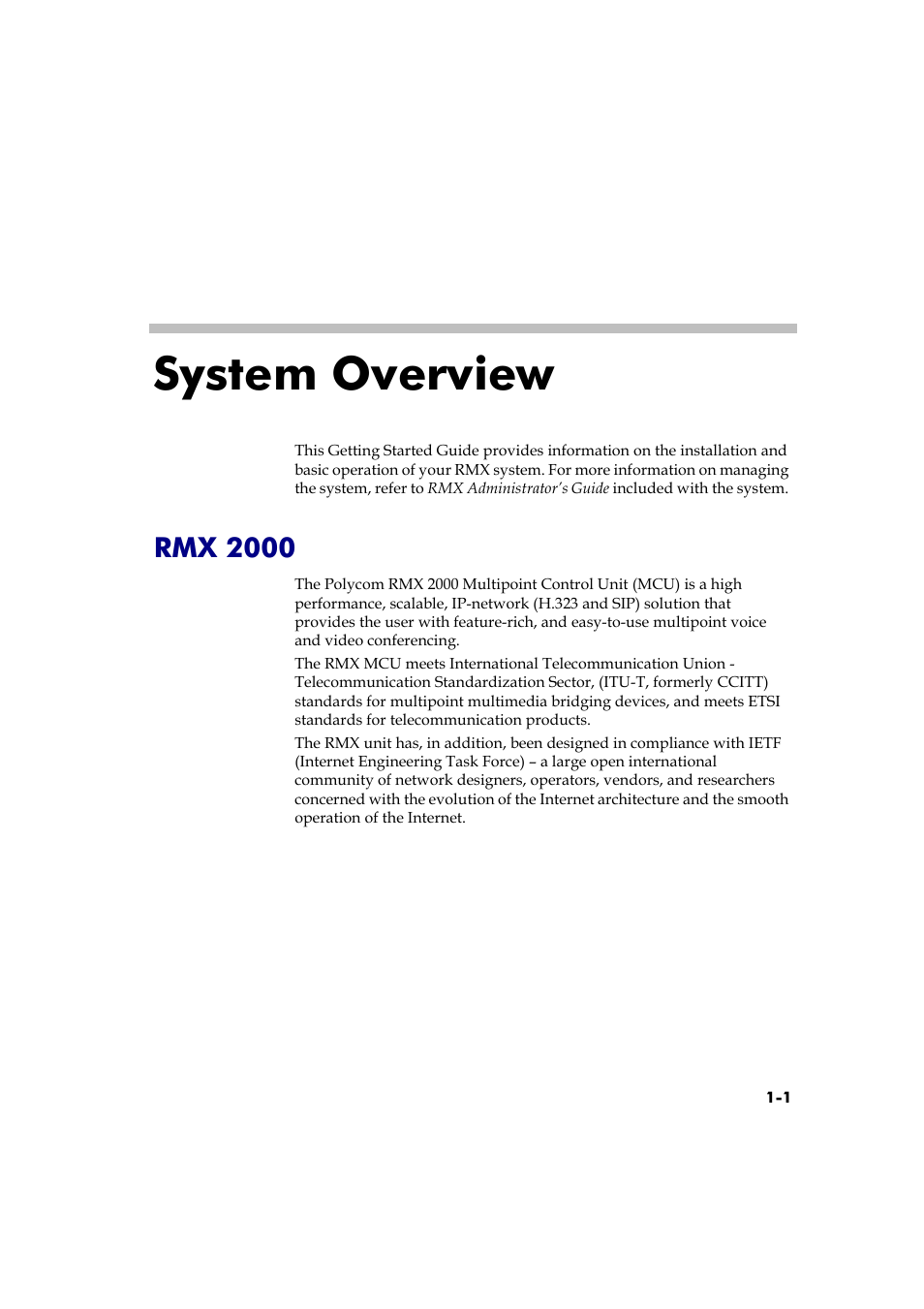 System overview, Rmx 2000, System overview -1 | Rmx 2000 -1 | Polycom RMX 2000 User Manual | Page 9 / 84