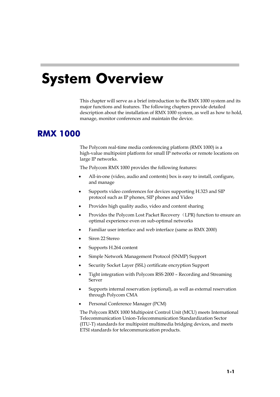 System overview, Rmx 1000 | Polycom RMX 1000 User Manual | Page 10 / 167