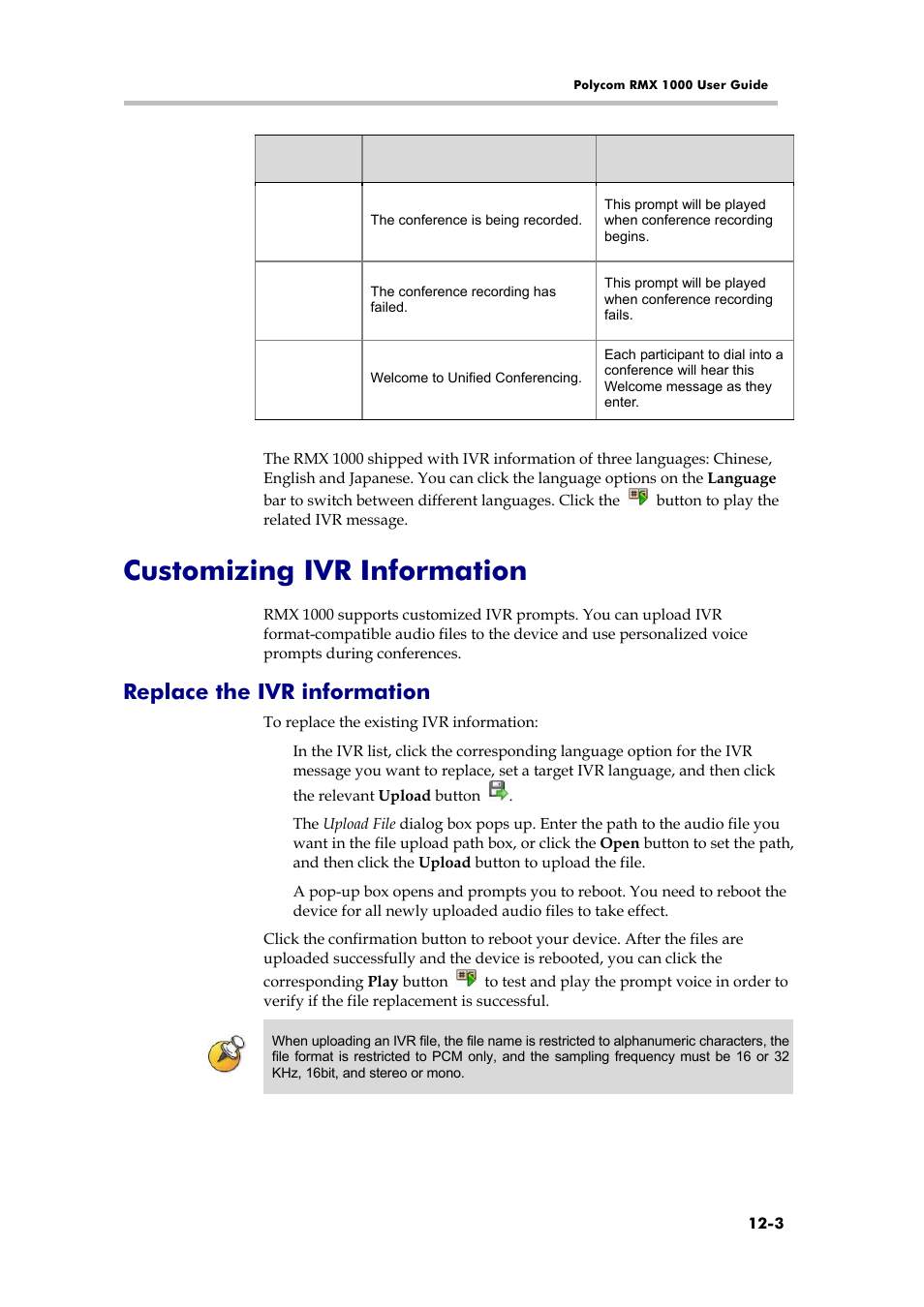 Customizing ivr information, Replace the ivr information | Polycom RMX 1000 User Manual | Page 108 / 167