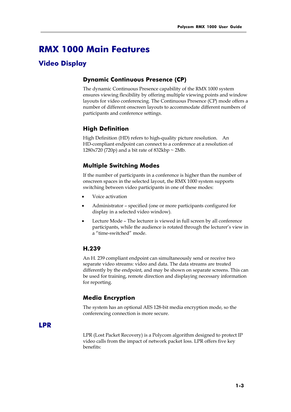 Rmx 1000 main features, Video display | Polycom RMX 1000 User Manual | Page 12 / 167