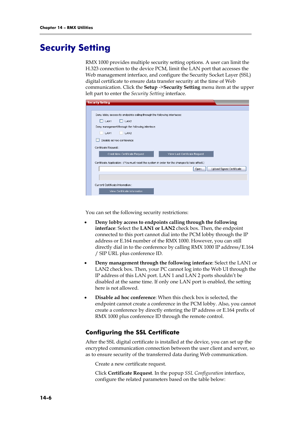 Security setting | Polycom RMX 1000 User Manual | Page 123 / 167