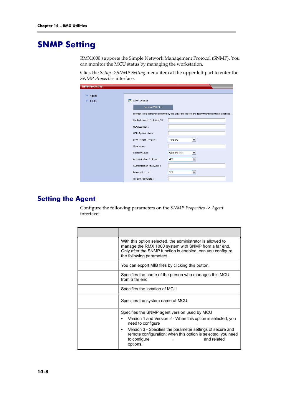 Snmp setting, Setting the agent, Viewing cdr records | Polycom RMX 1000 User Manual | Page 125 / 167