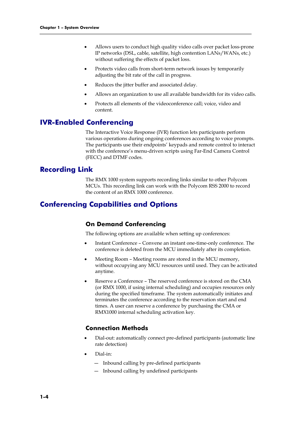 Ivr-enabled conferencing, Recording link, Conferencing capabilities and options | Polycom RMX 1000 User Manual | Page 13 / 167