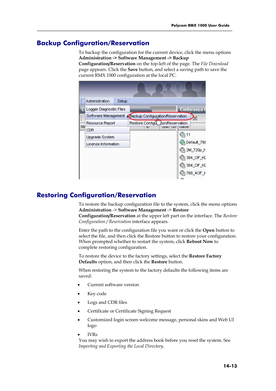 Backup configuration/reservation, Restoring configuration/reservation, Customization | Polycom RMX 1000 User Manual | Page 130 / 167