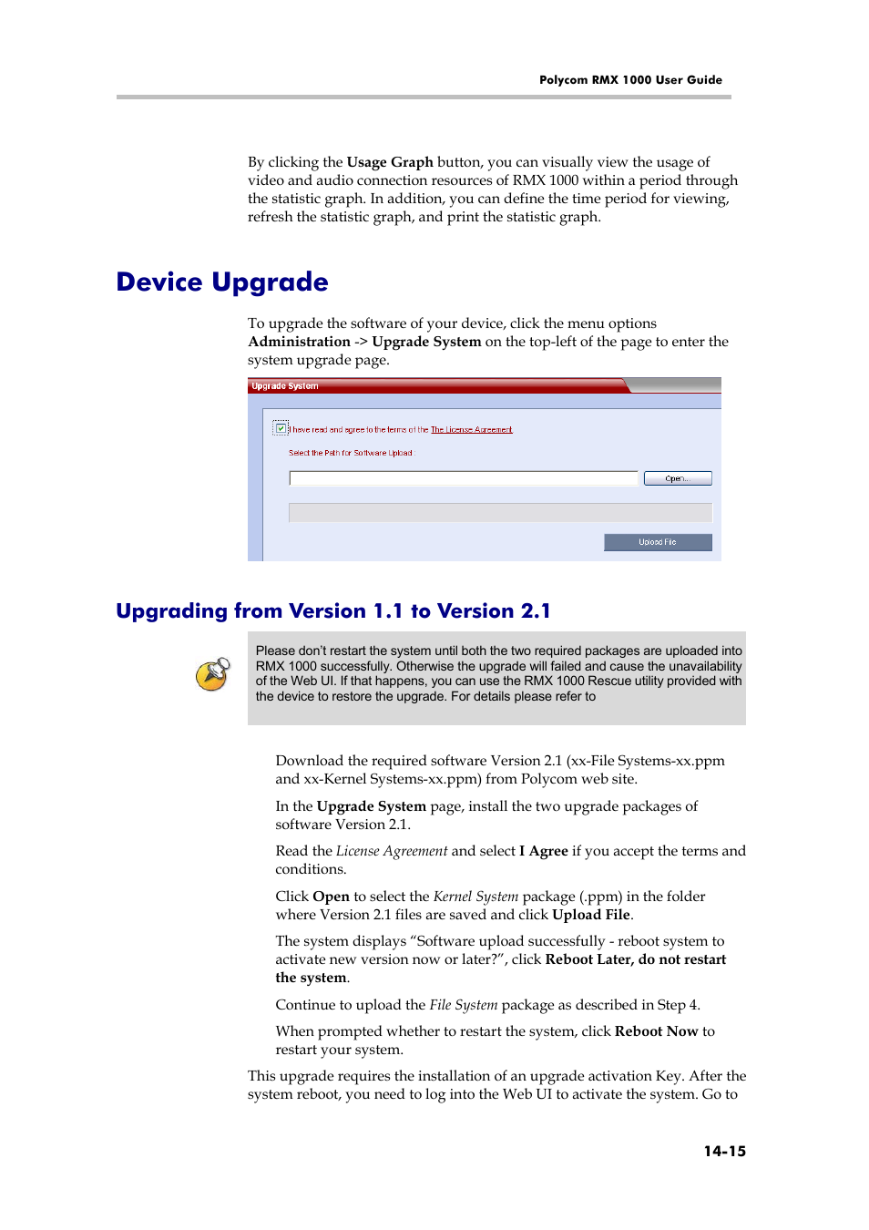 Device upgrade, Upgrading from version 1.1 to version 2.1 | Polycom RMX 1000 User Manual | Page 132 / 167