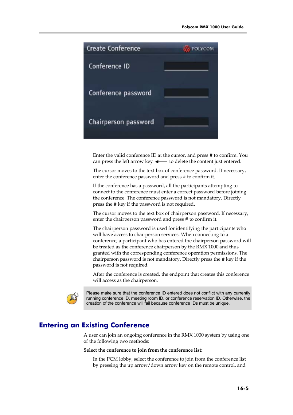 Entering an existing conference | Polycom RMX 1000 User Manual | Page 146 / 167