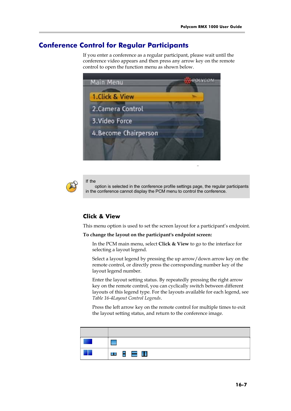 Conference control for regular participants, Click & view | Polycom RMX 1000 User Manual | Page 148 / 167