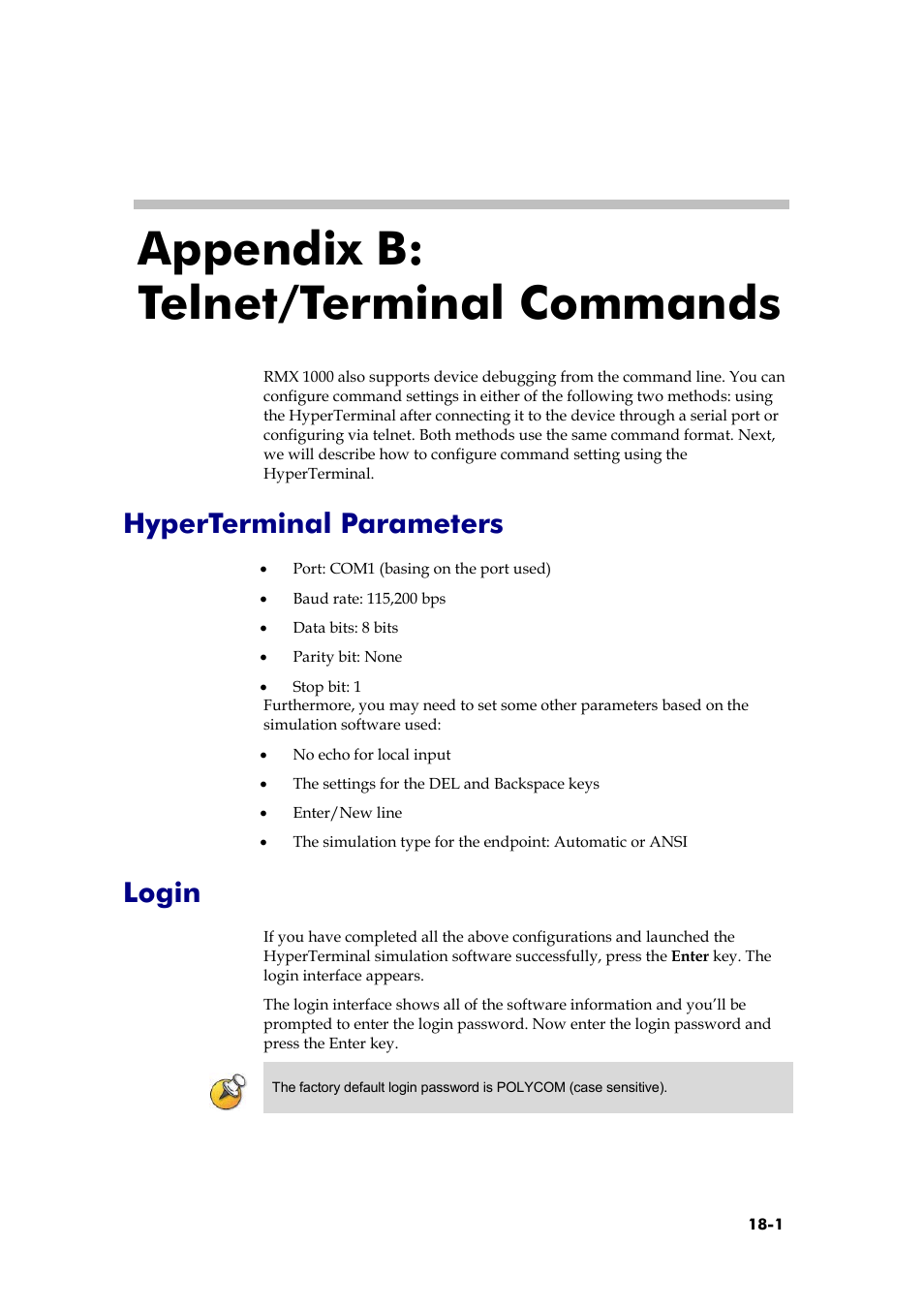 Appendix b: telnet/terminal commands, Hyperterminal parameters, Login | Personal conference manager (pcm) | Polycom RMX 1000 User Manual | Page 156 / 167