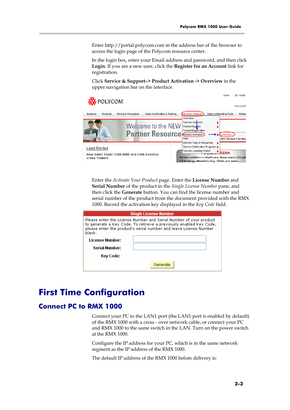 First time configuration, Connect pc to rmx 1000, First time installation and configuration | Hardware installation and setup | Polycom RMX 1000 User Manual | Page 18 / 167