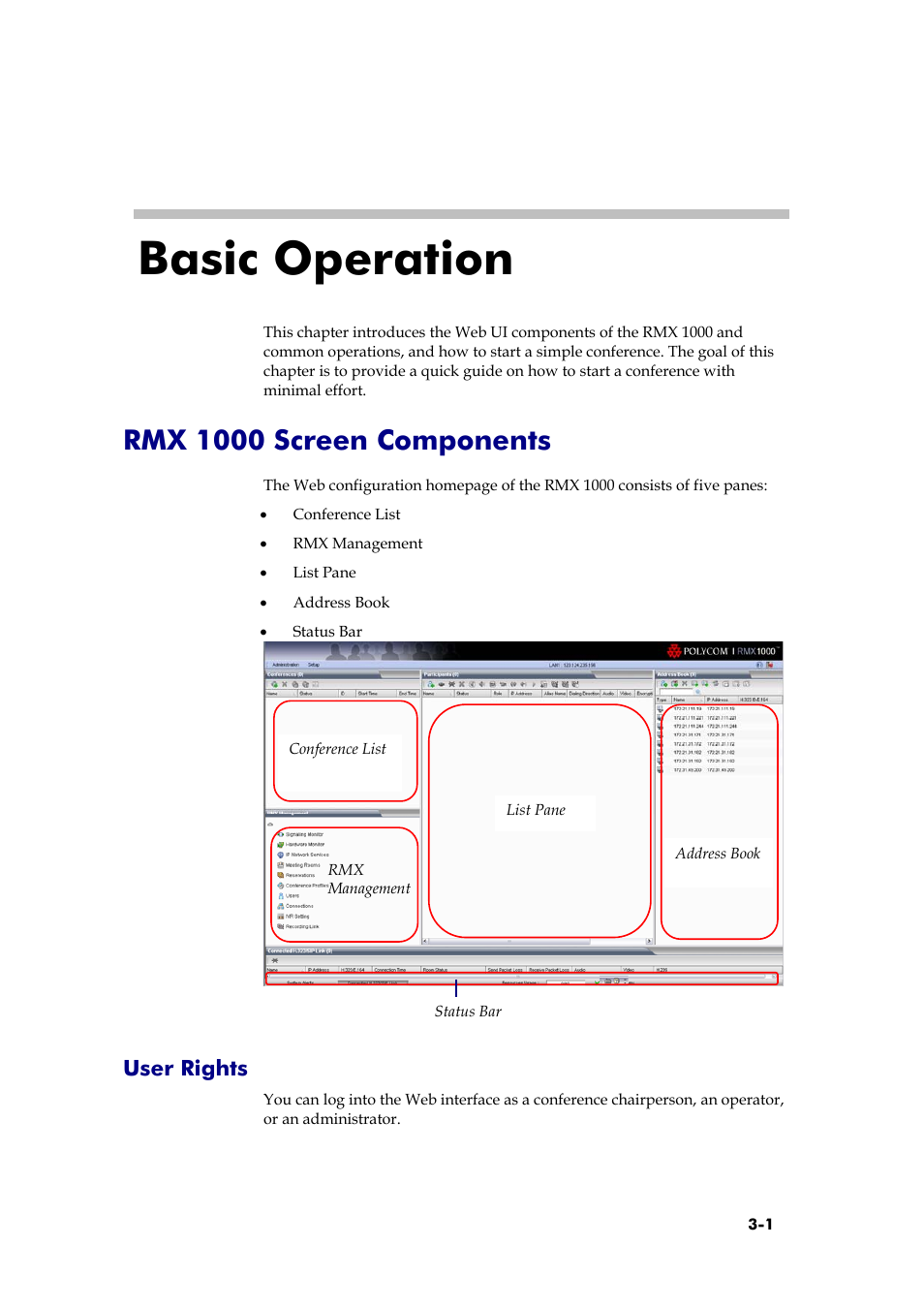 Rmx 1000 screen components, User rights, Basic operation | Polycom RMX 1000 User Manual | Page 28 / 167