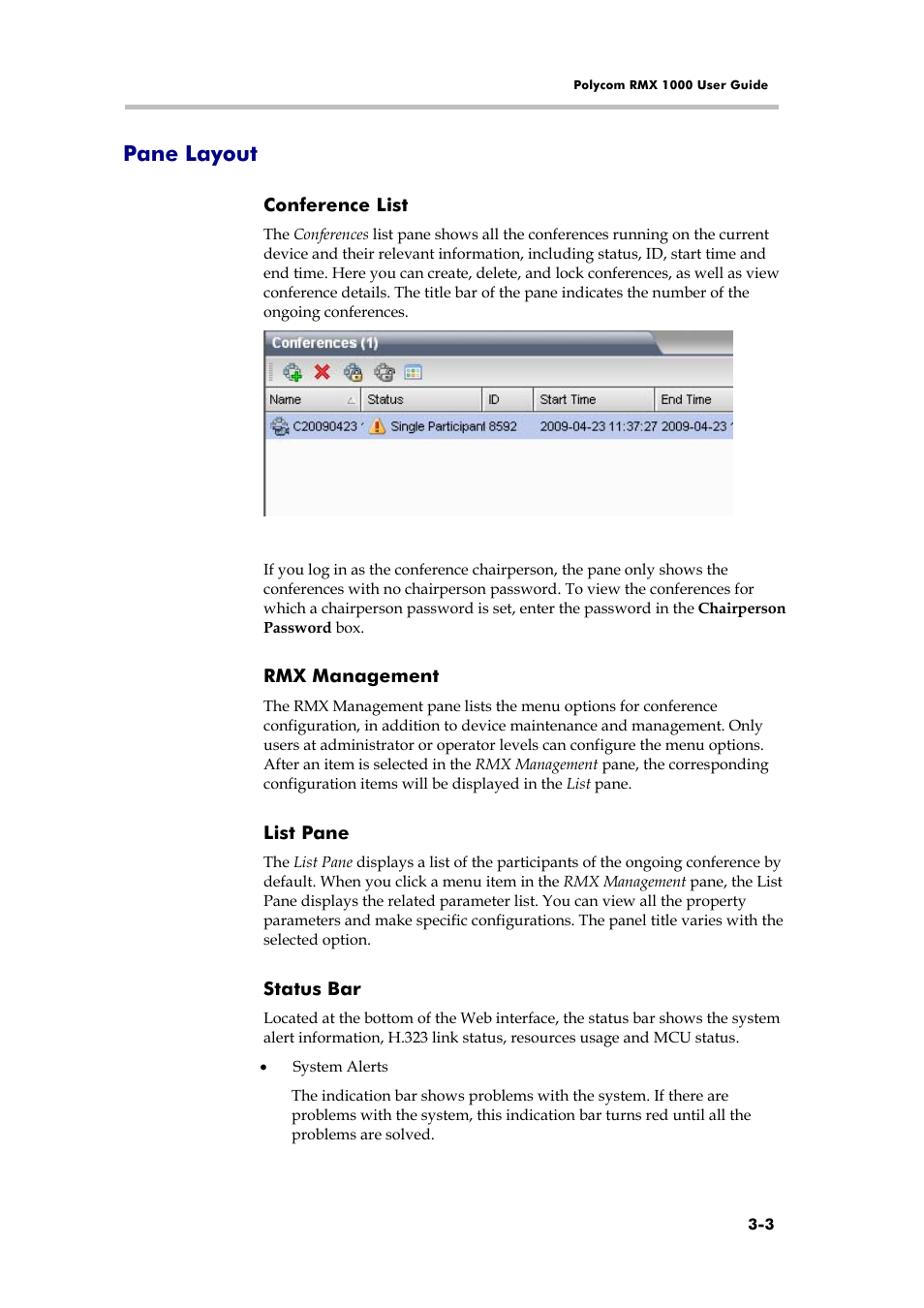 Pane layout, Basic operation, Rmx 1000 screen components | User rights | Polycom RMX 1000 User Manual | Page 30 / 167