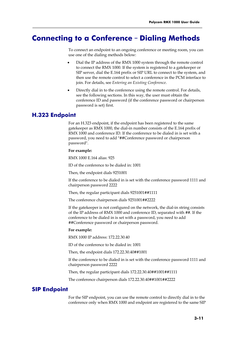 Connecting to a conference–dialing methods, H.323 endpoint, Sip endpoint | Connecting to a conference – dialing methods | Polycom RMX 1000 User Manual | Page 38 / 167