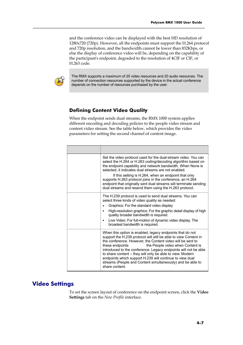 Video settings, Video quality, Defining content video quality | Polycom RMX 1000 User Manual | Page 46 / 167