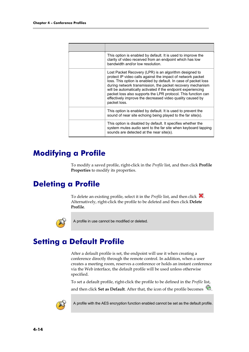 Modifying a profile, Deleting a profile, Setting a default profile | Video settings | Polycom RMX 1000 User Manual | Page 53 / 167