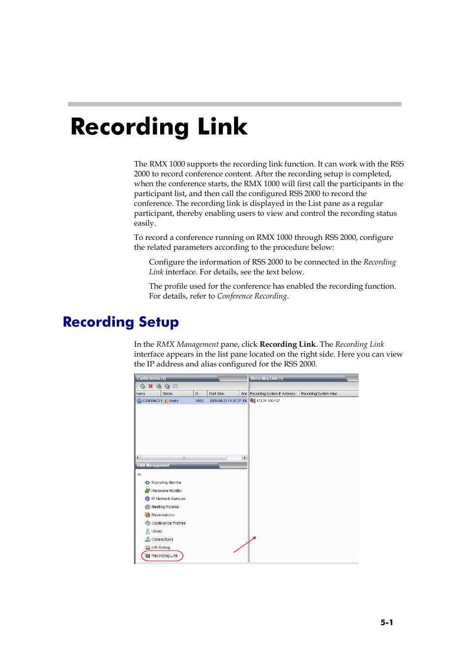 Recording setup, Recording link | Polycom RMX 1000 User Manual | Page 54 / 167