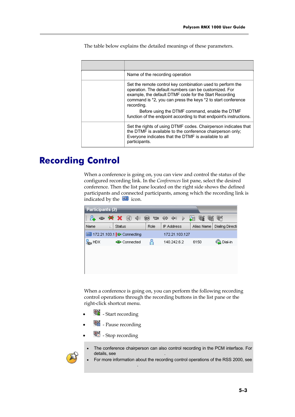 Recording control | Polycom RMX 1000 User Manual | Page 56 / 167