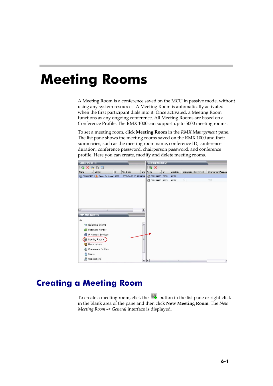 Meeting rooms, Creating a meeting room, Site name | See meeting rooms | Polycom RMX 1000 User Manual | Page 58 / 167