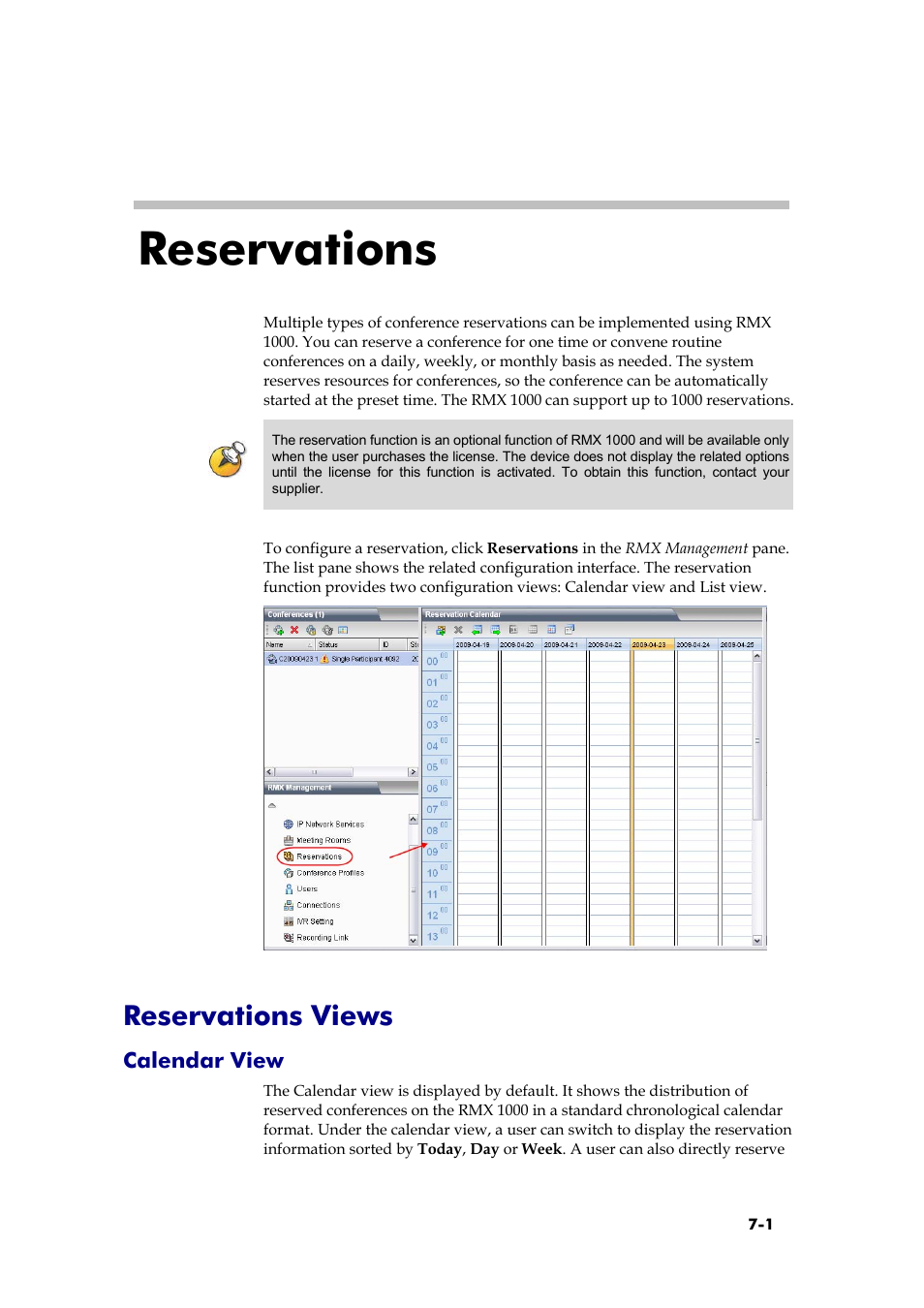 Reservations, Reservations views, Calendar view | Recording setup | Polycom RMX 1000 User Manual | Page 62 / 167