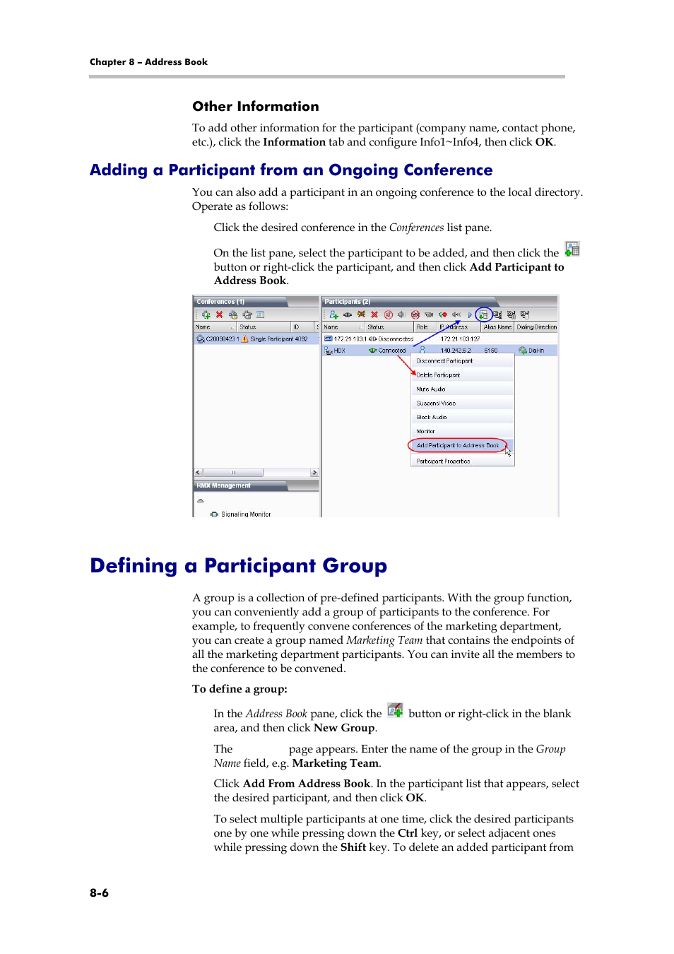 Adding a participant from an ongoing conference, Defining a participant group, List view | Polycom RMX 1000 User Manual | Page 73 / 167