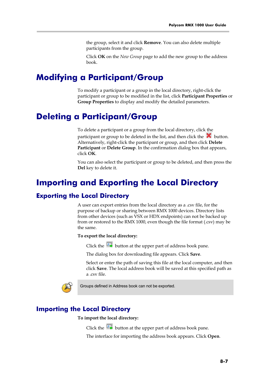 Modifying a participant/group, Deleting a participant/group, Importing and exporting the local directory | Exporting the local directory, Importing the local directory, Adding a reservation, Reserving a one-time conference | Polycom RMX 1000 User Manual | Page 74 / 167