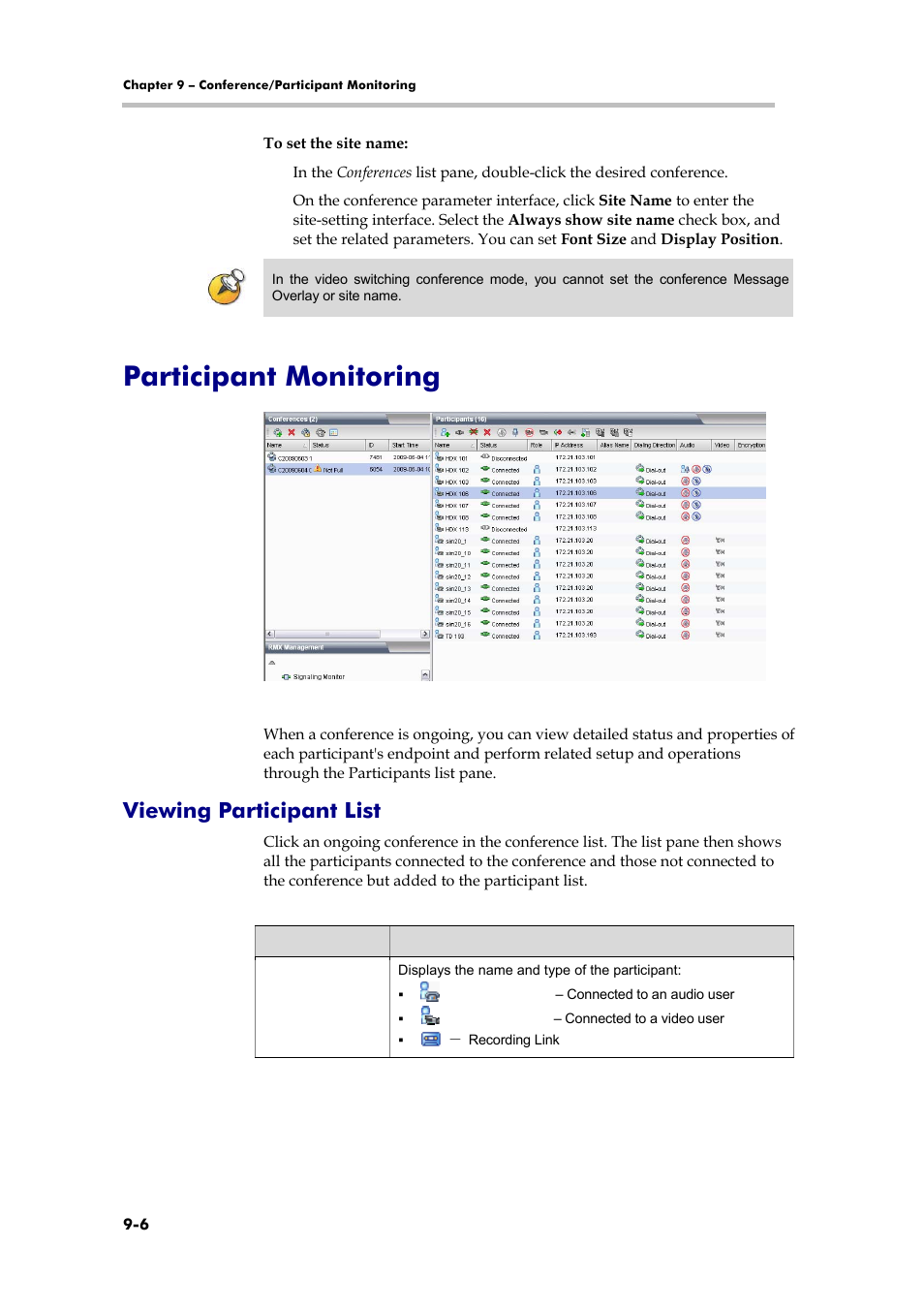 Participant monitoring, Viewing participant list, Directory service | Configuring directory service | Polycom RMX 1000 User Manual | Page 85 / 167