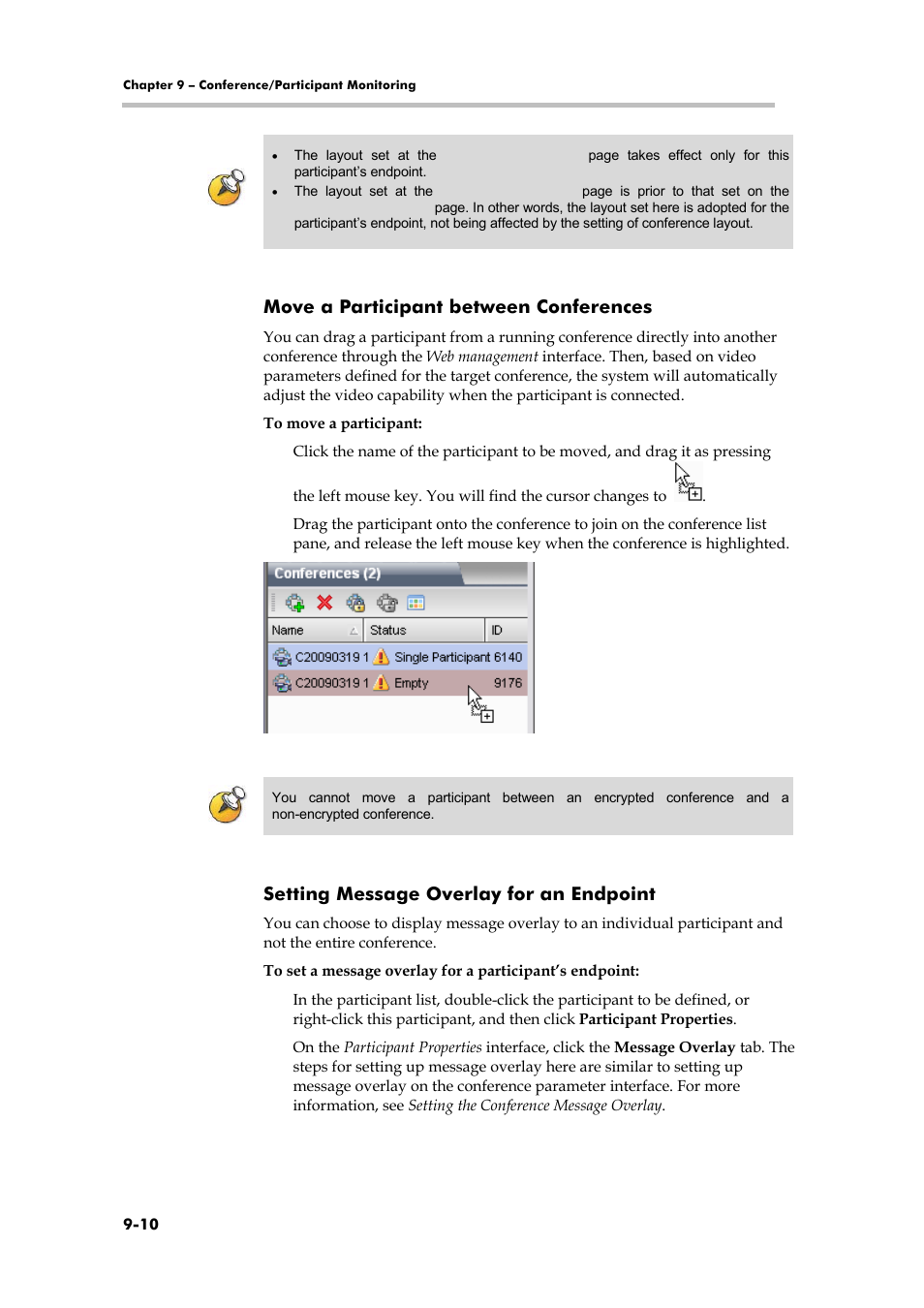 Conference/participant monitoring, Move a participant between conferences, Setting message overlay for an endpoint | Polycom RMX 1000 User Manual | Page 89 / 167