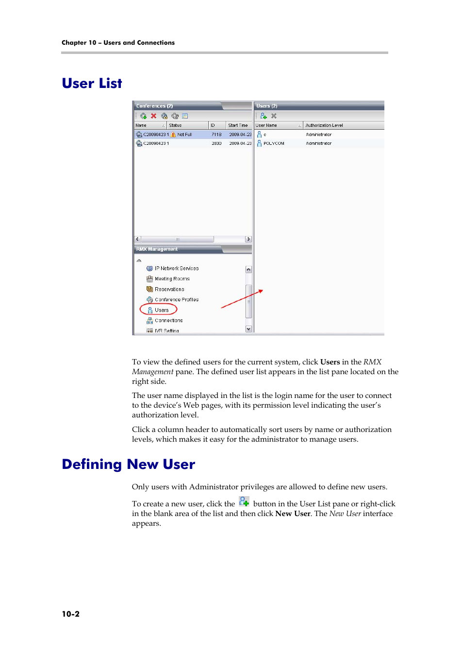 User list, Defining new user | Polycom RMX 1000 User Manual | Page 93 / 167