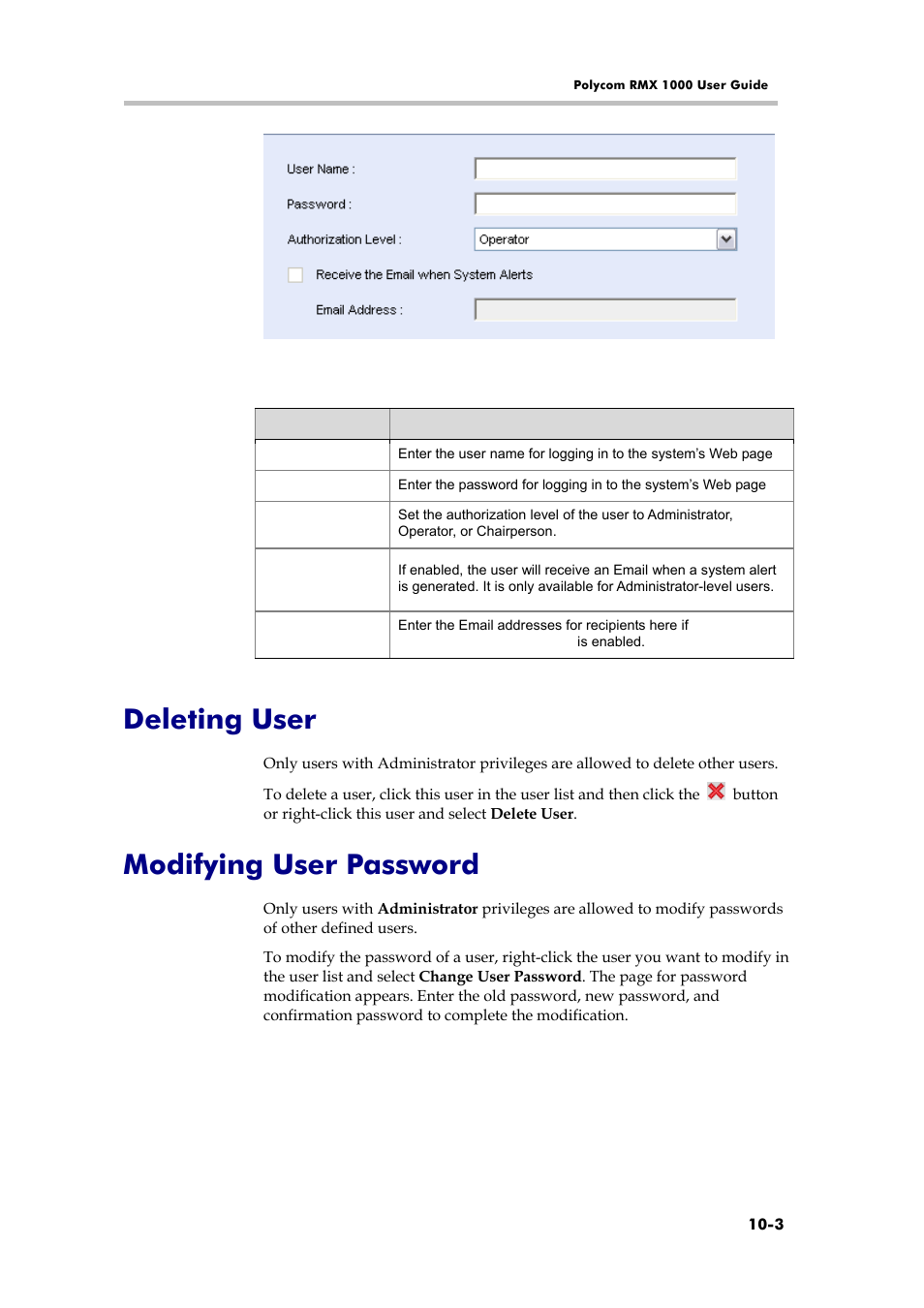 Deleting user, Modifying user password | Polycom RMX 1000 User Manual | Page 94 / 167