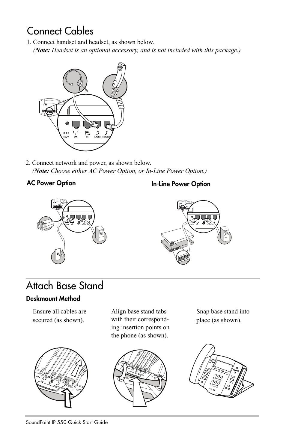 Connect cables, Attach base stand | Polycom IP 550 User Manual | Page 2 / 4