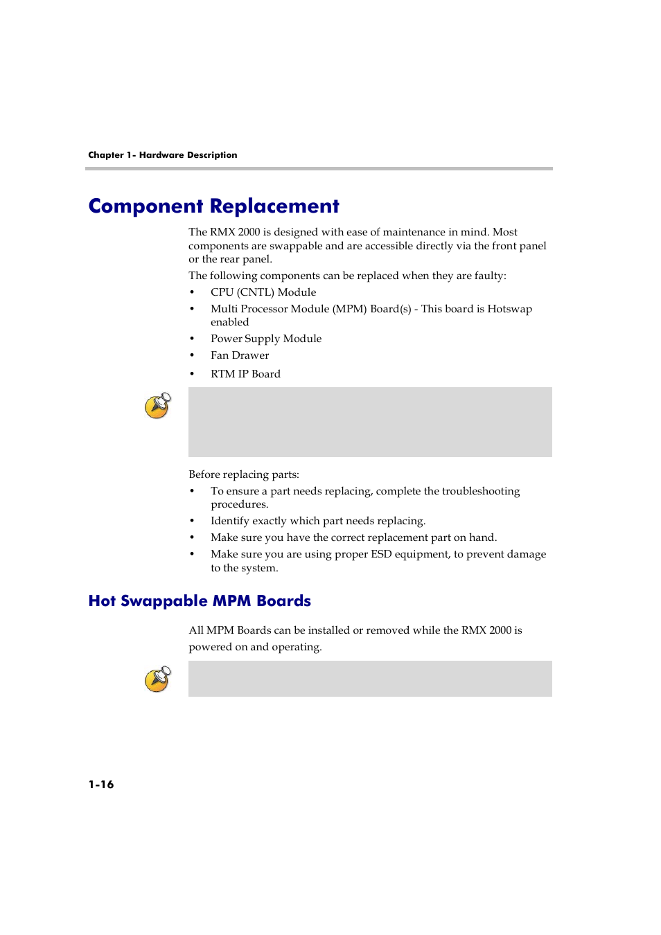 Component replacement, Hot swappable mpm boards, Component replacement -16 | Hot swappable mpm boards -16 | Polycom RMX 2000 User Manual | Page 22 / 32