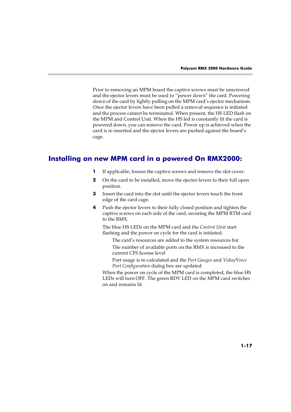 Installing an new mpm card in a powered on rmx2000 | Polycom RMX 2000 User Manual | Page 23 / 32