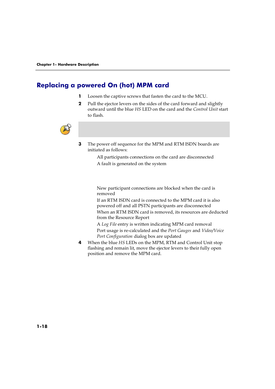 Replacing a powered on (hot) mpm card, Replacing a powered on (hot) mpm card -18 | Polycom RMX 2000 User Manual | Page 24 / 32