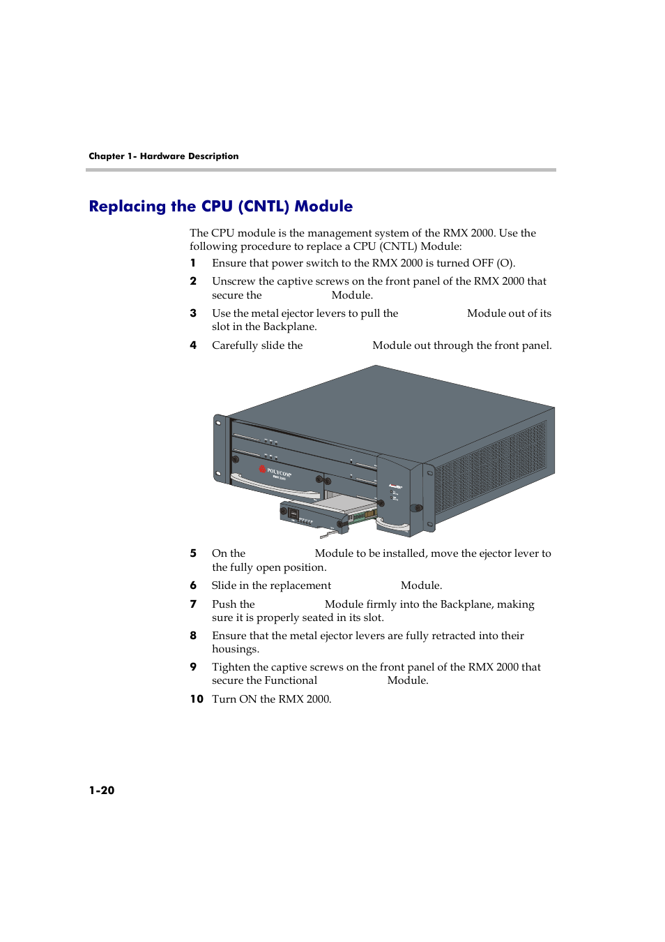 Replacing the cpu (cntl) module, Replacing the cpu (cntl) module -20 | Polycom RMX 2000 User Manual | Page 26 / 32