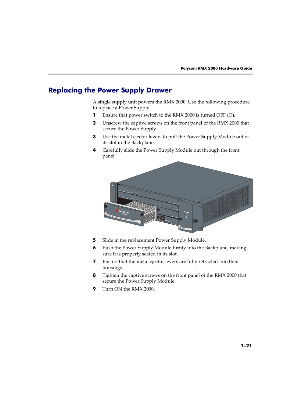 Replacing the power supply drawer, Replacing the power supply drawer -21 | Polycom RMX 2000 User Manual | Page 27 / 32