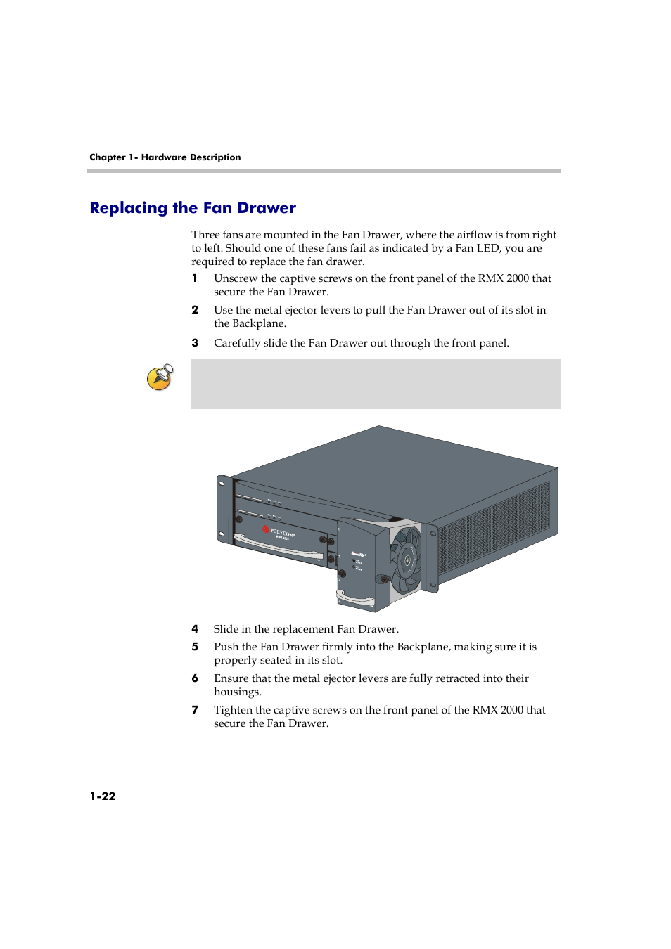 Replacing the fan drawer, Replacing the fan drawer -22 | Polycom RMX 2000 User Manual | Page 28 / 32