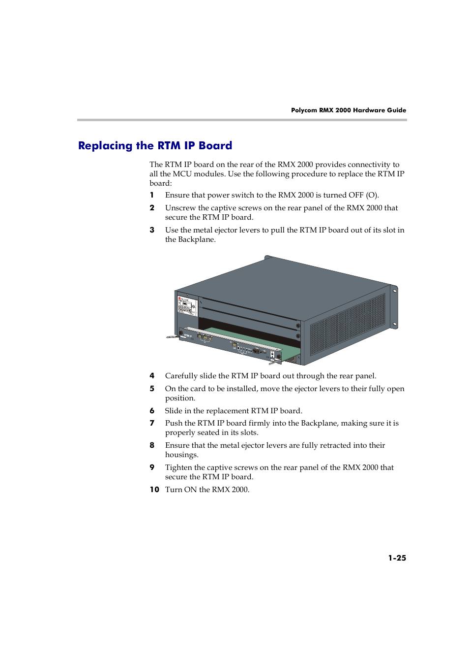 Replacing the rtm ip board, Replacing the rtm ip board -25 | Polycom RMX 2000 User Manual | Page 31 / 32