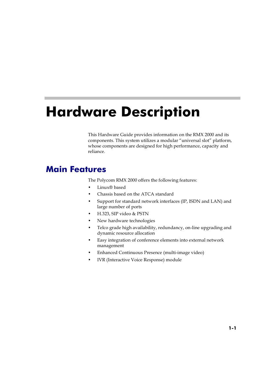 Main features, Hardware description -1, Main features -1 | Hardware description | Polycom RMX 2000 User Manual | Page 7 / 32