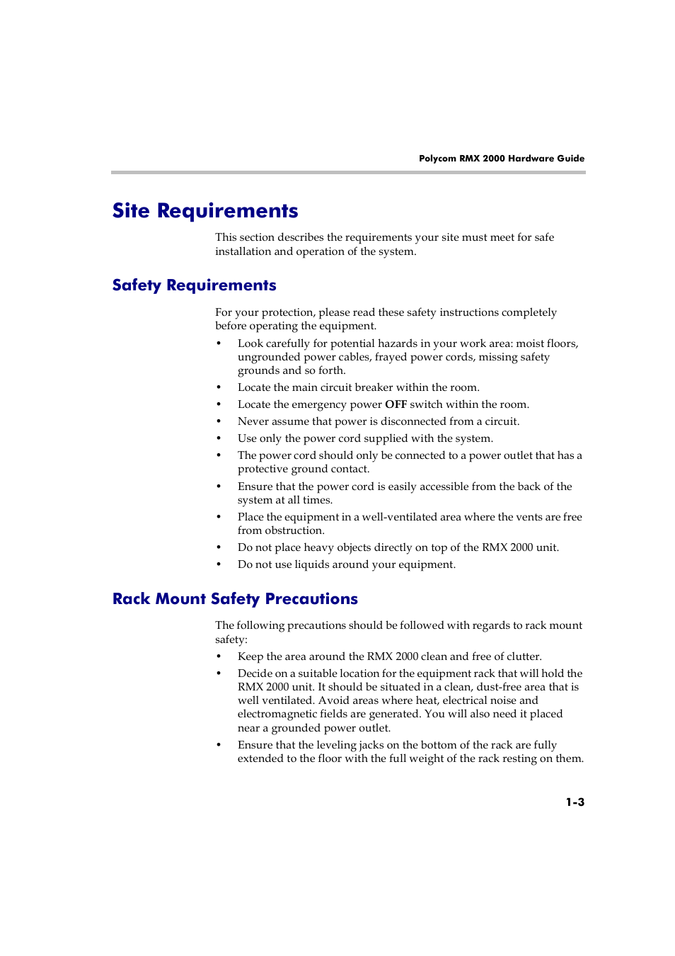 Site requirements, Safety requirements, Rack mount safety precautions | Site requirements -3 | Polycom RMX 2000 User Manual | Page 9 / 32