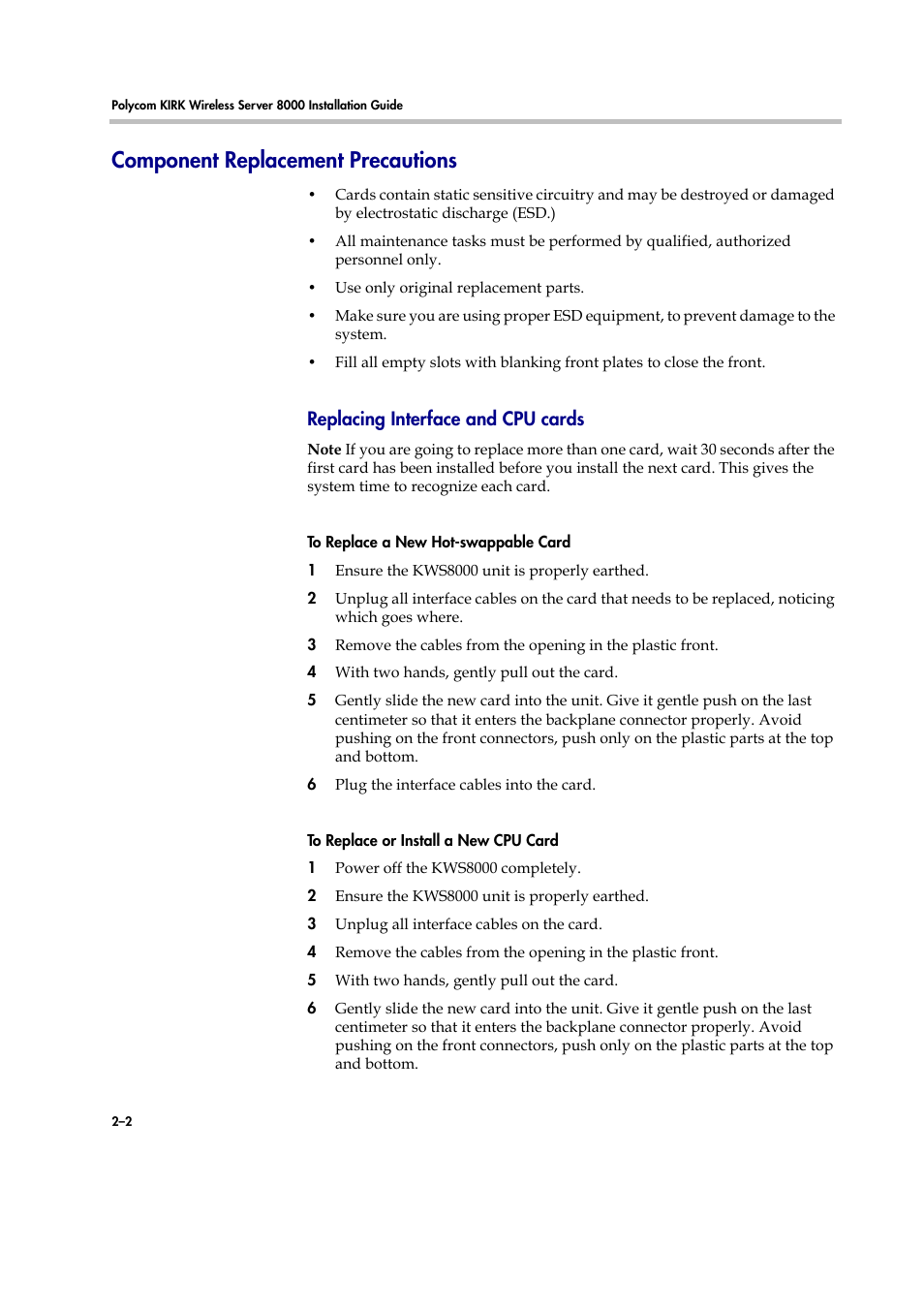 Component replacement precautions, Component replacement precautions –2, Replacing interface and cpu cards | Polycom KIRK KWS8000 User Manual | Page 18 / 38