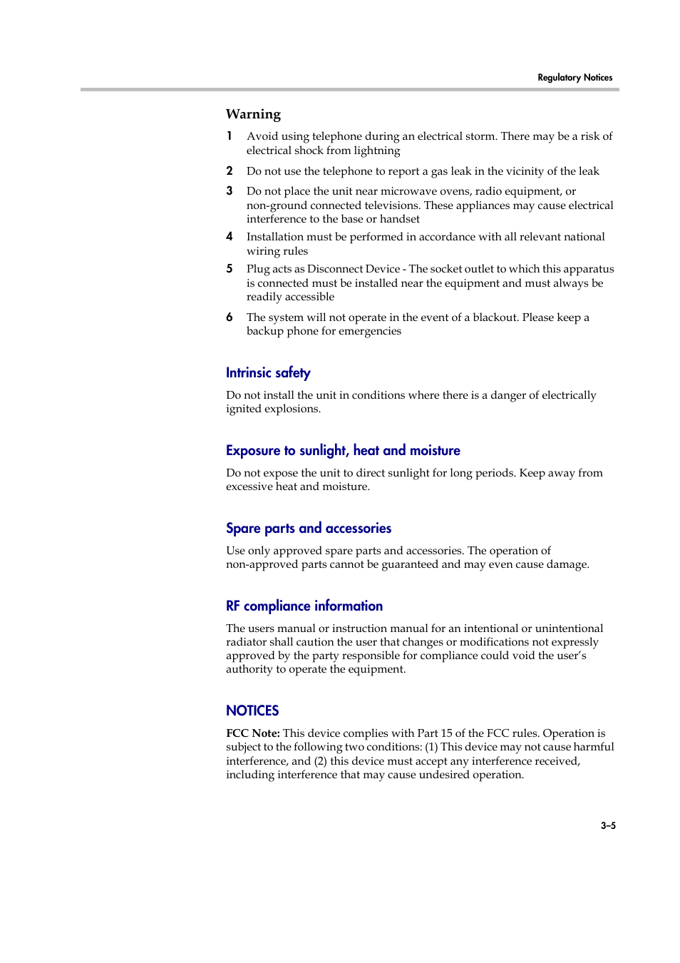 Warning, Intrinsic safety, Exposure to sunlight, heat and moisture | Spare parts and accessories, Rf compliance information, Notices | Polycom KIRK KWS8000 User Manual | Page 24 / 38