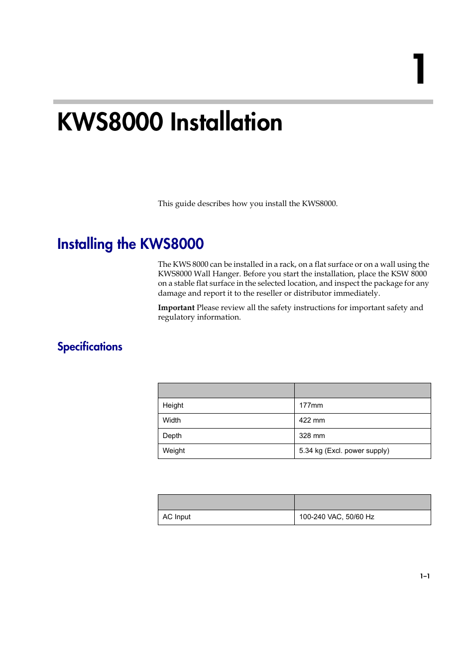 Kws8000 installation, Installing the kws8000, Specifications | Installing the kws8000 –1, Specifications –1 | Polycom KIRK KWS8000 User Manual | Page 4 / 38