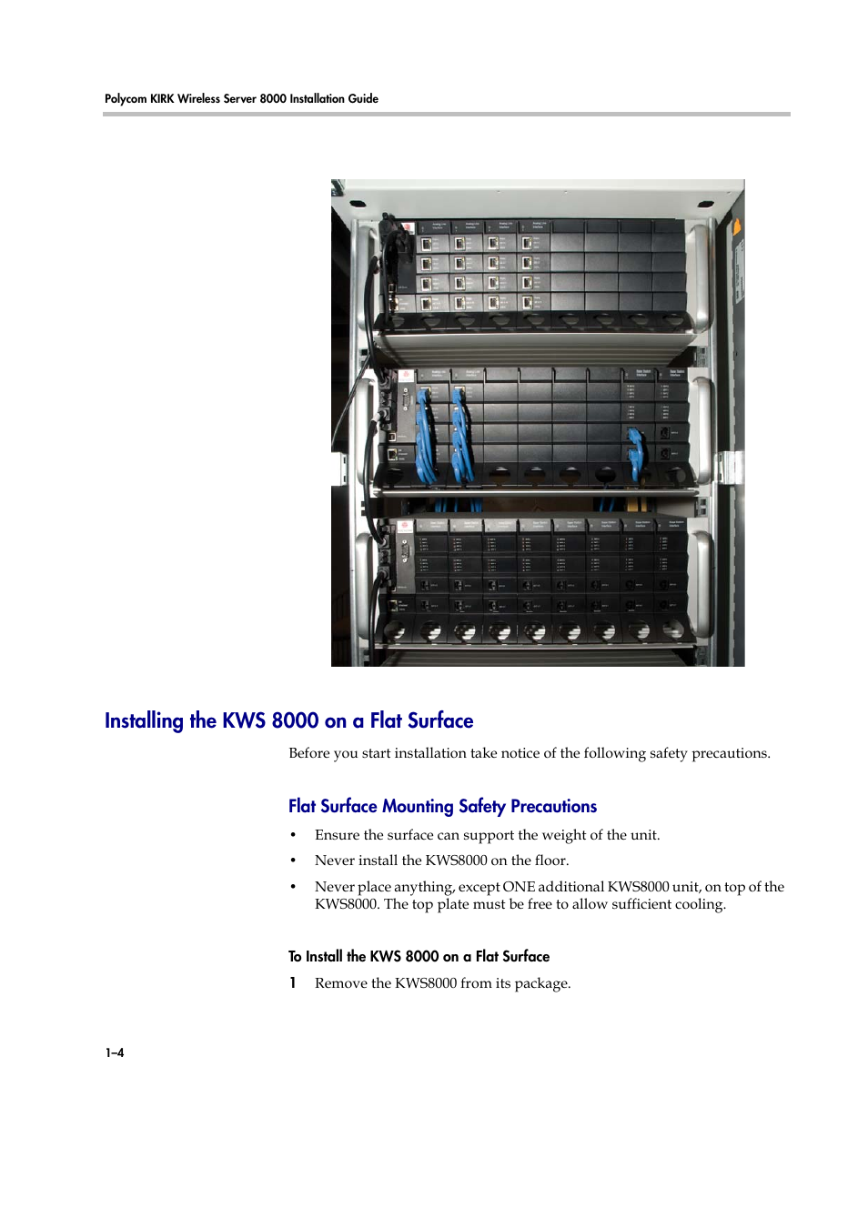 Installing the kws 8000 on a flat surface, Installing the kws 8000 on a flat surface –4, Flat surface mounting safety precautions | Polycom KIRK KWS8000 User Manual | Page 7 / 38