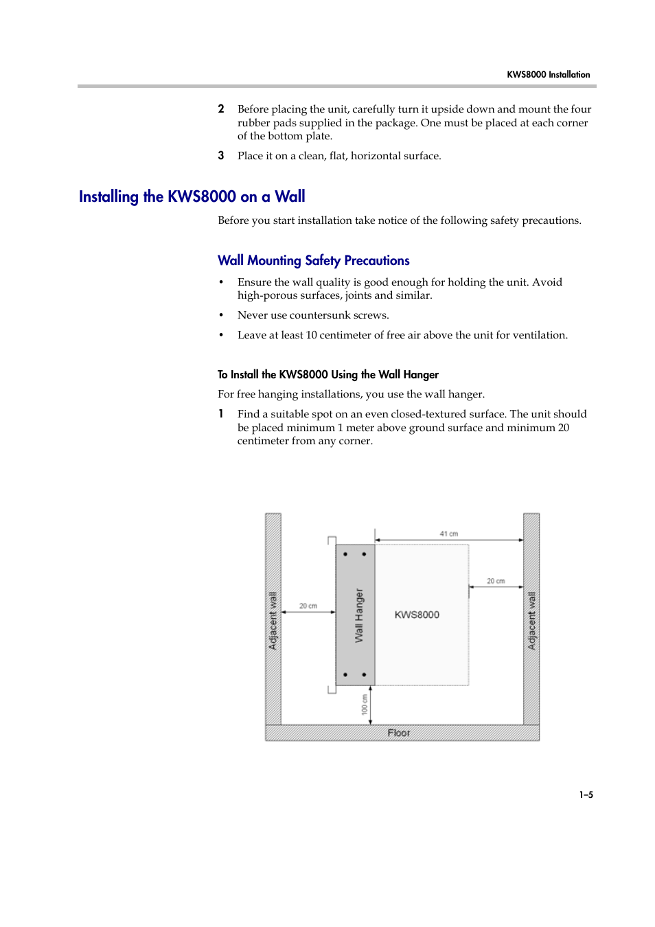 Installing the kws8000 on a wall, Installing the kws8000 on a wall –5, Wall mounting safety precautions | Polycom KIRK KWS8000 User Manual | Page 8 / 38