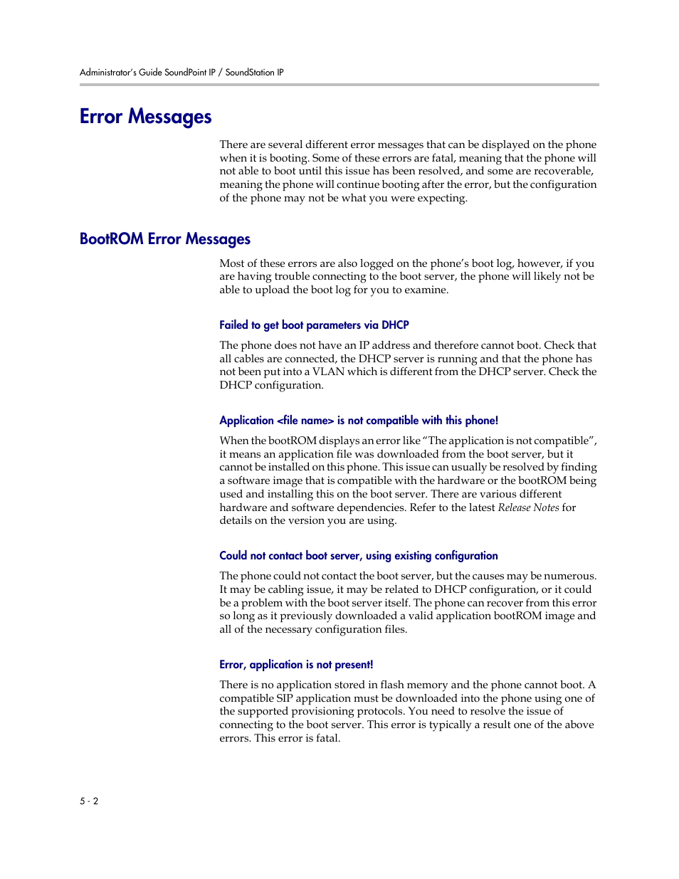 Error messages, Bootrom error messages, Error messages –2 | Bootrom error messages –2 | Polycom SIP 2.2.2 User Manual | Page 100 / 256
