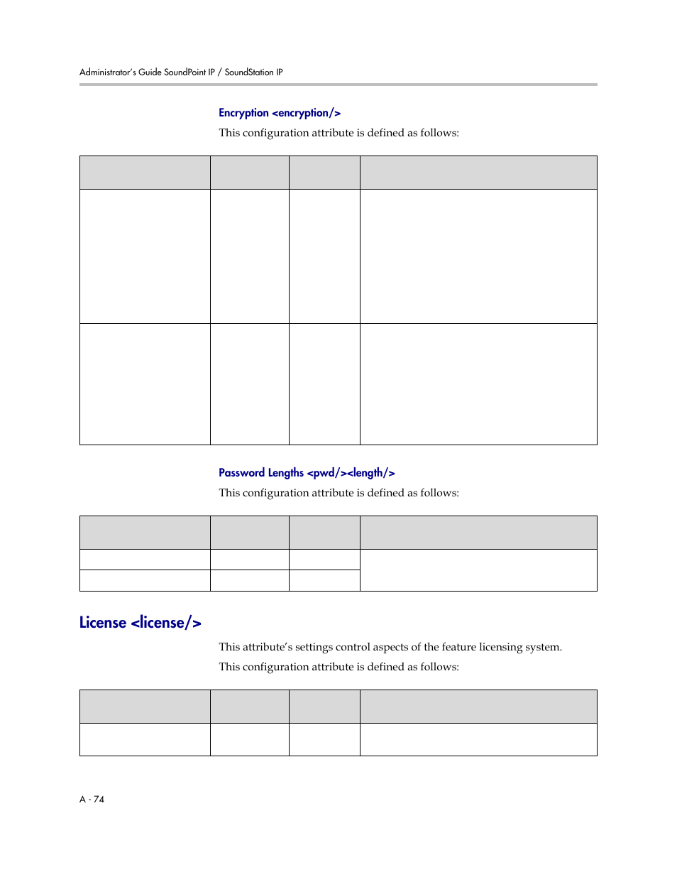 License <license, Password lengths, Pwd/><length | A-74, Encryption <encryption | Polycom SIP 2.2.2 User Manual | Page 186 / 256